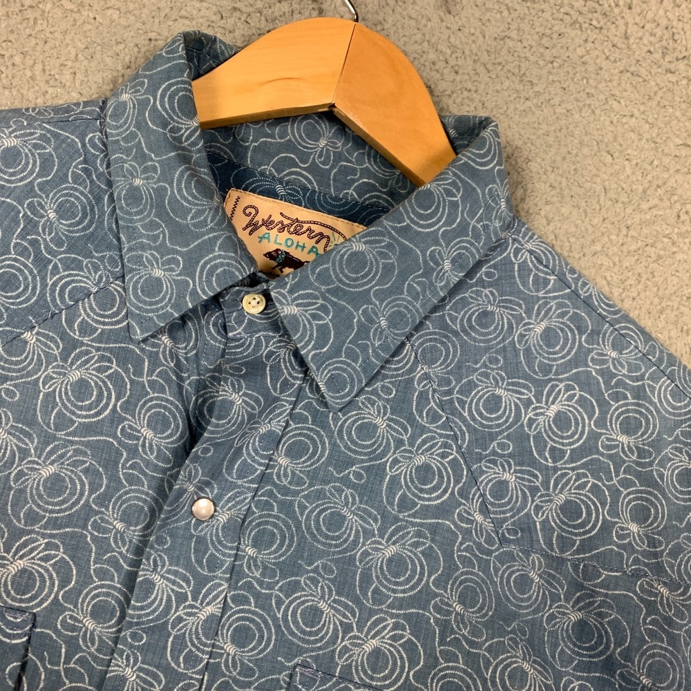 Western Aloha Shirt Mens XXL 2XL Blue/White Printed Pearl Snap Button‎ Up Cowboy
